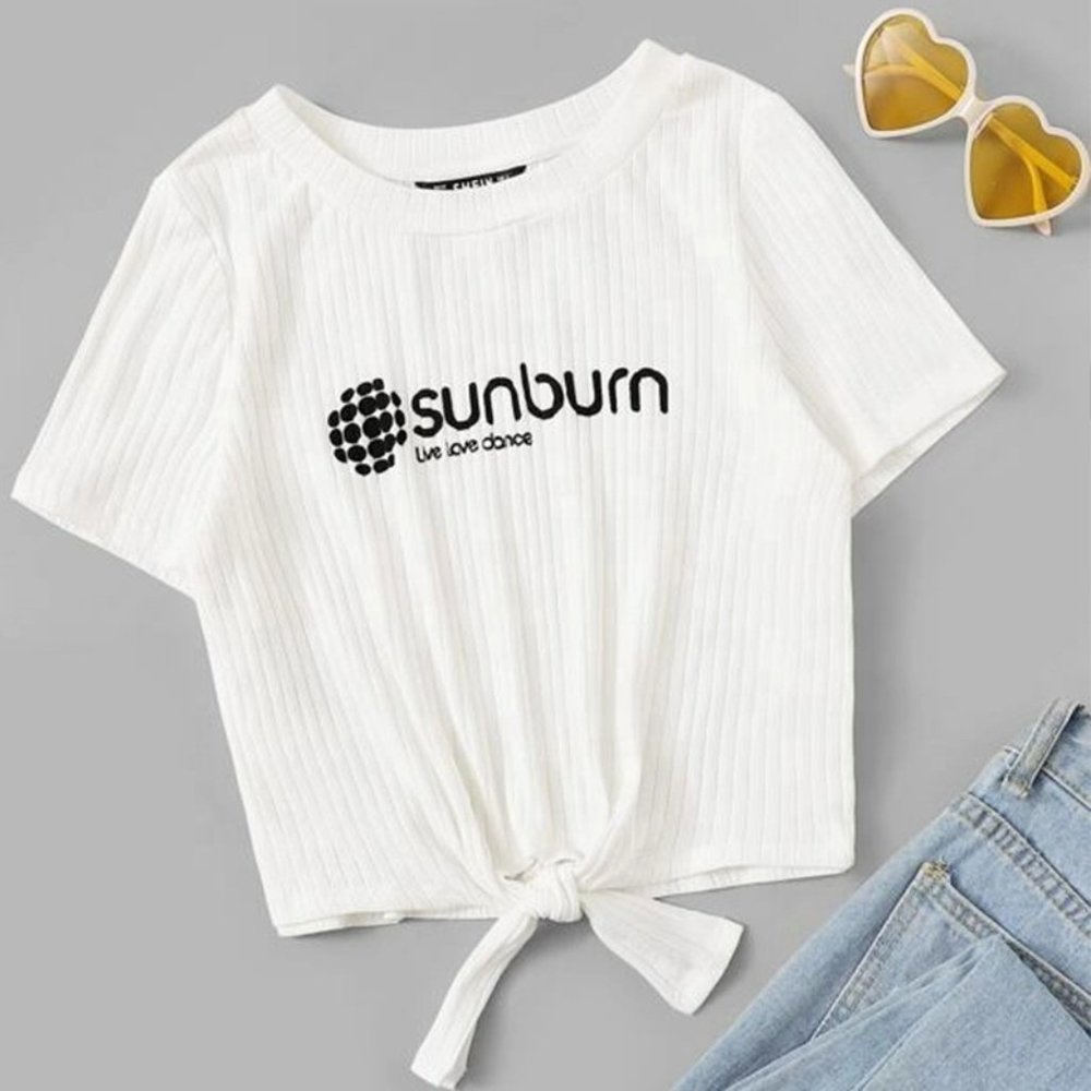 Nice sunburn rib-knit letter print knot front